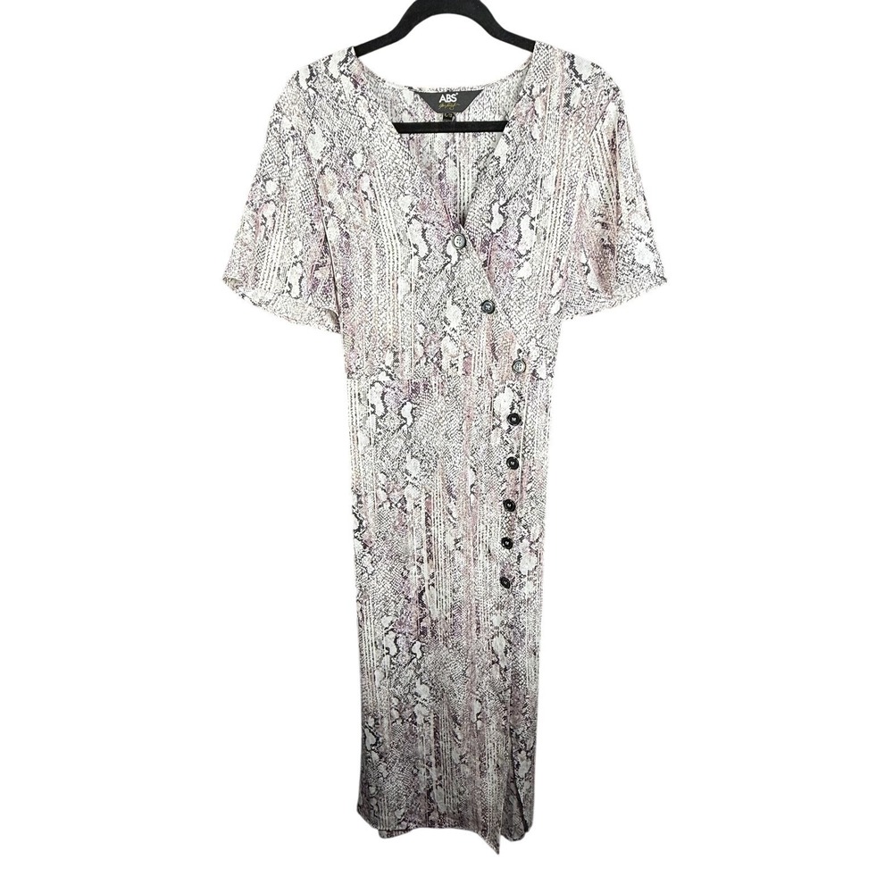 ABS Maxi Dress Womens XL Snake Print Purple‎ Short Sleeve Button Side